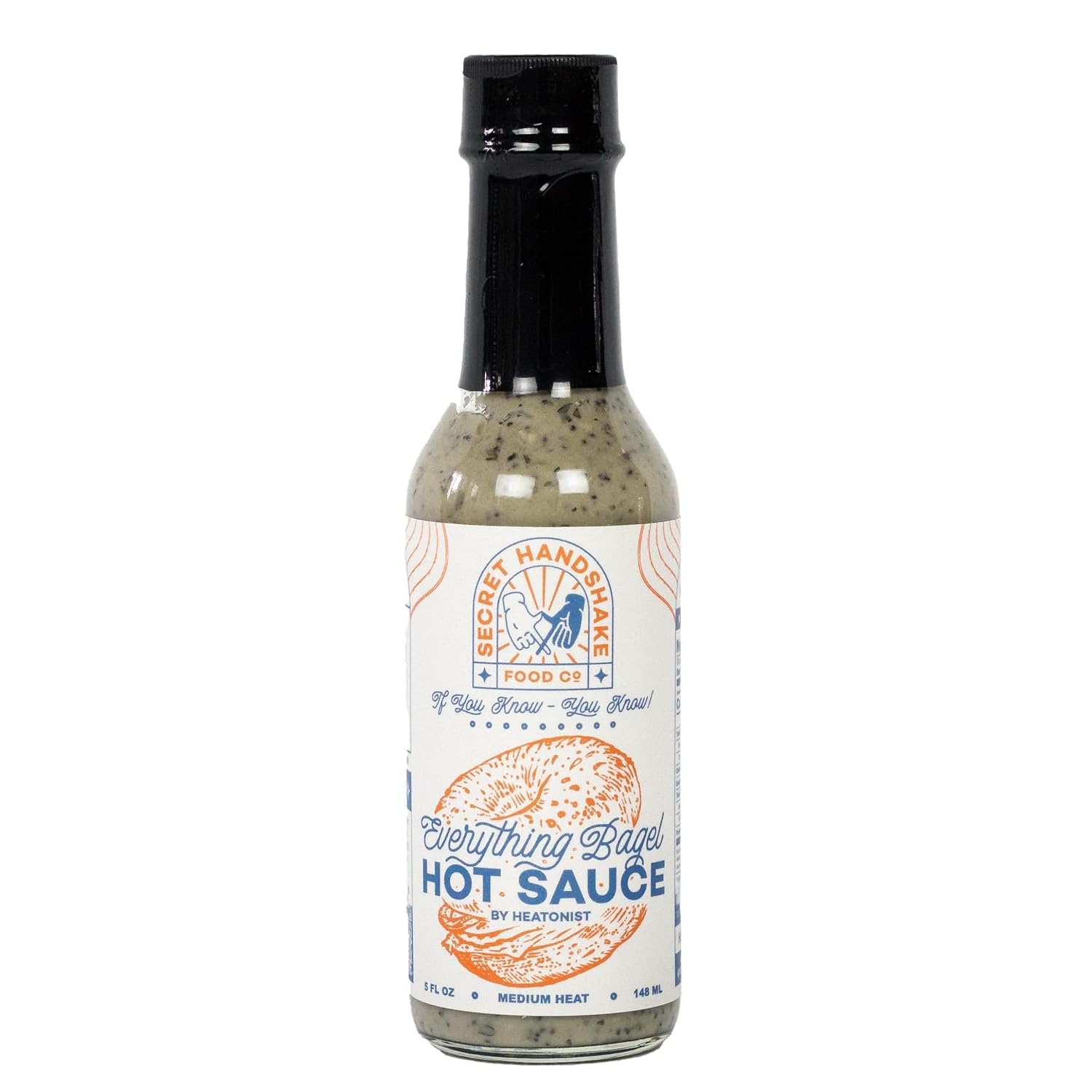 Everything Bagel Sauce by Secret Handshake Food Co., Mild Heat Hot Sauce With Flavors of Scorpion Pepper Powder, Sesame Seeds & Turmeric, Made With All Natural Ingredients, 5 fl oz Bottle (1-Pack)