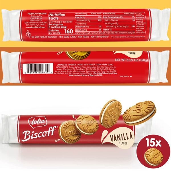 Lotus Biscoff Sandwich Cookies, Vanilla Cream, 15 Cookies per pack, 5.29 Ounce (Pack of 1) - Image 2