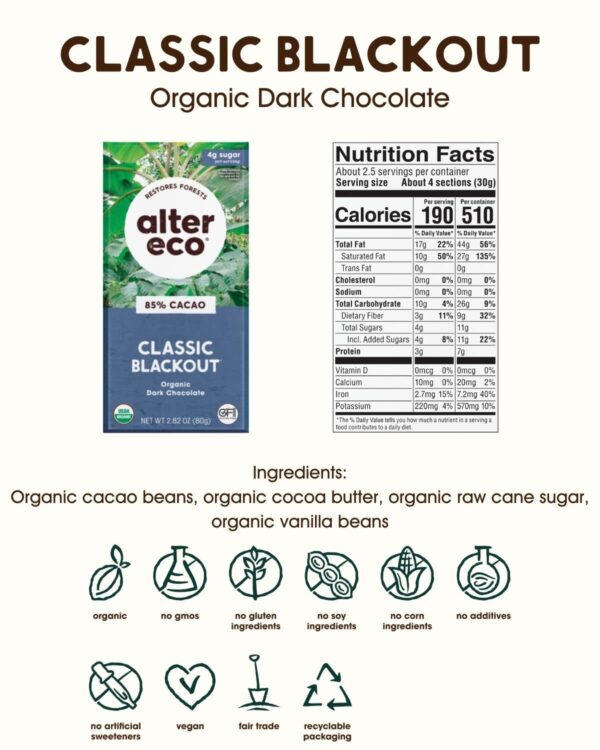 Alter Eco | Classic Blackout | 85% Pure Dark Cocoa, Fair Trade, Organic, Non-GMO, Gluten Free (Classic Blackout) - Image 3