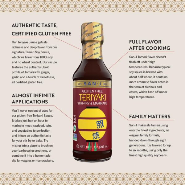 San-J - Gluten Free Teriyaki Sauce - Well-balanced Sauce for Cooking - Non-GMO - 10 oz. Bottle - Image 2