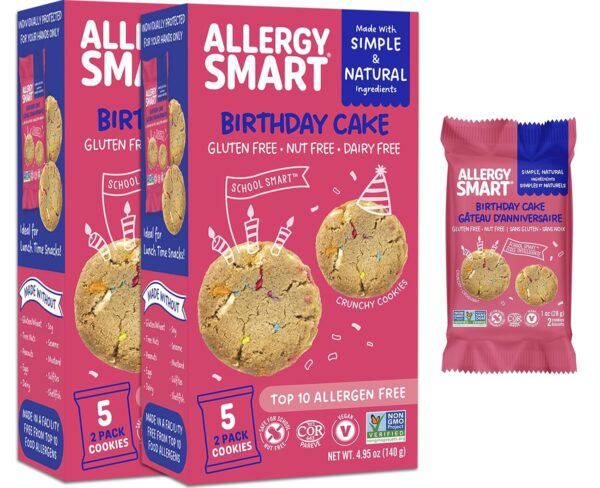 Allergy Smart Crunchy BIRTHDAY CAKE Cookies | Gluten Free, Nut Free, Egg Free, Dairy Free, Non GMO, Kosher | Delicious Vegan School Snack for Kids & On the Go | 10 INDIVIDUALLY WRAPPED (1oz) 2 Packs - Image 3