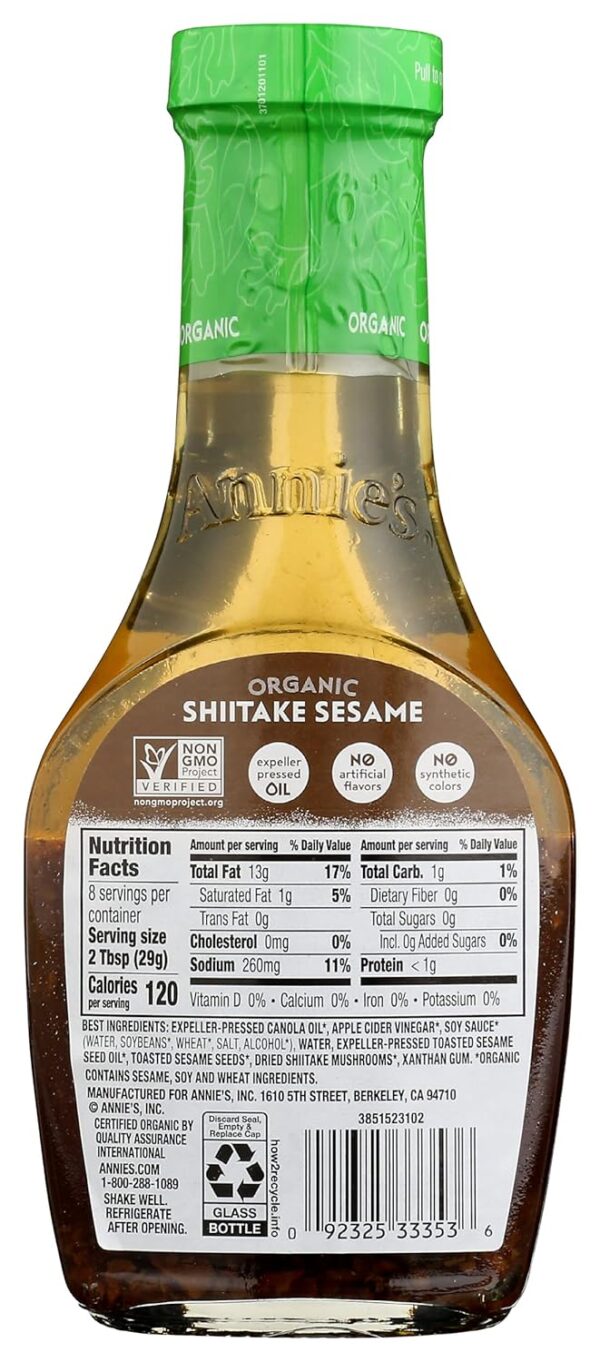 ANNIES NATURALS SHIITAKE SESM VNGRTT SALAD DRESSING GLASS BOTTLE 8 OZ - 0092325333531 - Image 2
