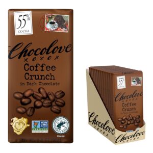 Chocolove Coffee Crunch in Dark Chocolate, 55% Cocoa | Non GMO, Rainforest Alliance Certified Cacao | 3.2oz Bar | 12 Pack
