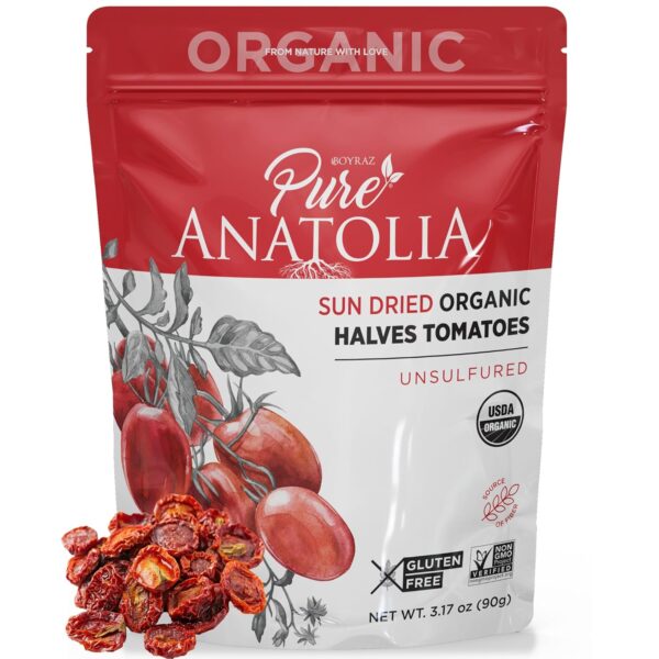 Sun Dried Organic Tomatoes Halves Cut by Pure Anatolia (Resealable Portion Control Packs, Non-GMO, Gluten-Free, Vegan, Unsulfured, Nutrient-Rich, No Preservatives, Pack of 1)