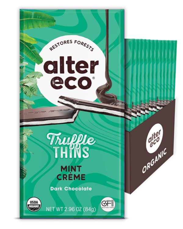 Alter Eco Mint Creme Truffle Thins, Chocolate Bar with Gooey Ganache Truffle Filling, Gluten-Free, Non-GMO Snacks, No Additives or Artificial Sweeteners, Fair Trade, Recyclable Packaging (12-Pack Mint Creme)
