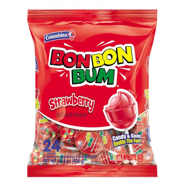 Colombina Bon Bon Bum Lollipops w/Bubble Gum Center, Strawberry Flavor, Individually Wrapped, Ideal for Party Favors and Gifts, 1 Pack (24 Count)
