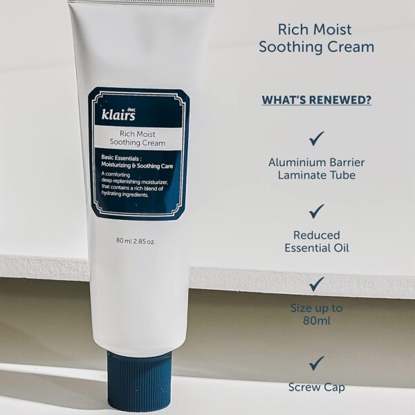 DearKlairs Rich Moist Soothing Cream 80ml, Repair Skin Barrier, Sensitive Skin, Hypoallergenic, Centella Asiatica, Ceremide, Moisturizer, Full Hydration, Non-sticky texture, Korean Moisturizer - Image 3