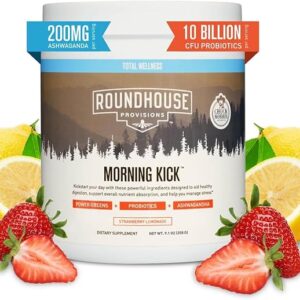 ROUNDHOUSE PROVISION Morning Kick, Zero Sugar Greens Superfood Powder Supplement with Ashwaganda, Collagen, Probiotics, Debloat Drink, 30 Servings (Strawberry Lemonade) by Chuck Norris