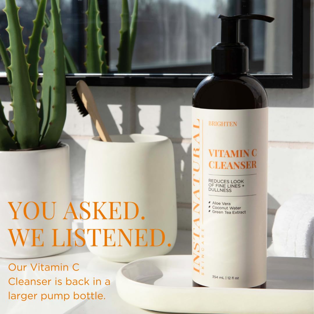 InstaNatural Vitamin C Cleanser Face Wash, Brightens, Ideal for Fine Lines and Uneven Texture, with Coconut Water and Aloe Vera, 12 Fl ounce Pump Bottle