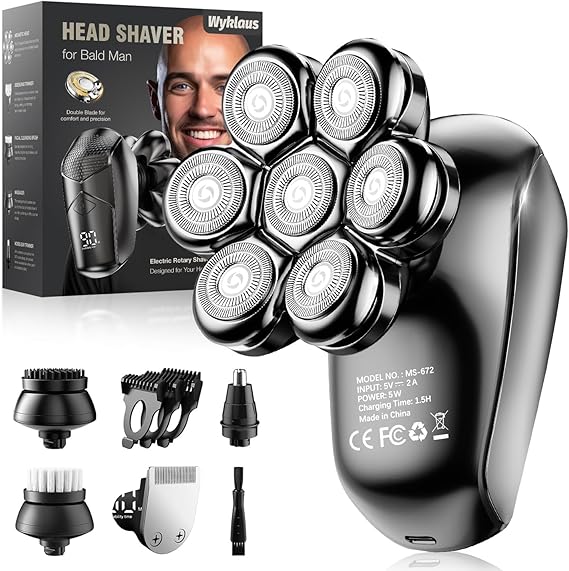 Head Shaver for Men: Bald Electric Razor IPX7 Waterproof- 5-in-1 Detachable Wet Dry Grooming Kit-Rotary Shaver with LED Display- Type-C Charge - Father Gift for Dad