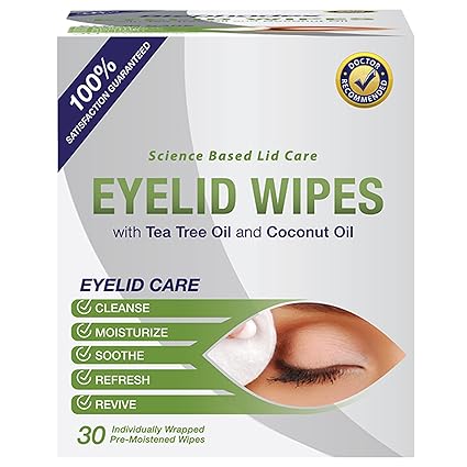 Lunovus Premium Eyelid Wipes With Tea Tree and Coconut Oil - Cleansing Wipes for People Itchy Eyes - Individually Wrapped - Box Of 30 Natural Eye Wipes