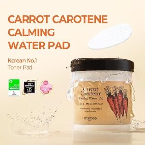 SKINFOOD Carrot Carotene Calming Water Toner Pads, Korean Skin Care Toner Pad for Face, Deep Hydrating, Soothing, After Sun Skincare for Sensitive Skin, Redness Relief, 100% Cotton, 8.81 oz (60 Pads)