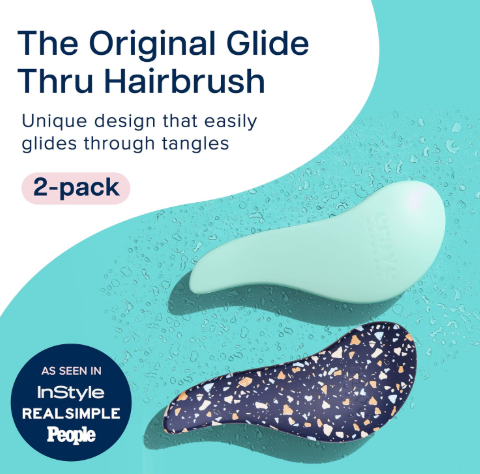 Thru Detangling Hair Brushes for Women - Detangler Brush for Curly or Straight, Wet or Dry Hair - Gentle on Tangles Comb - 7.5x3-Inch, Turquoise and Terrazzo (Pack of 2)