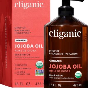 Cliganic Organic Jojoba Oil 16oz with Pump, 100% Pure | Bulk, Moisturizing Oil for Face, Hair, Skin & Nails | Natural Cold Pressed