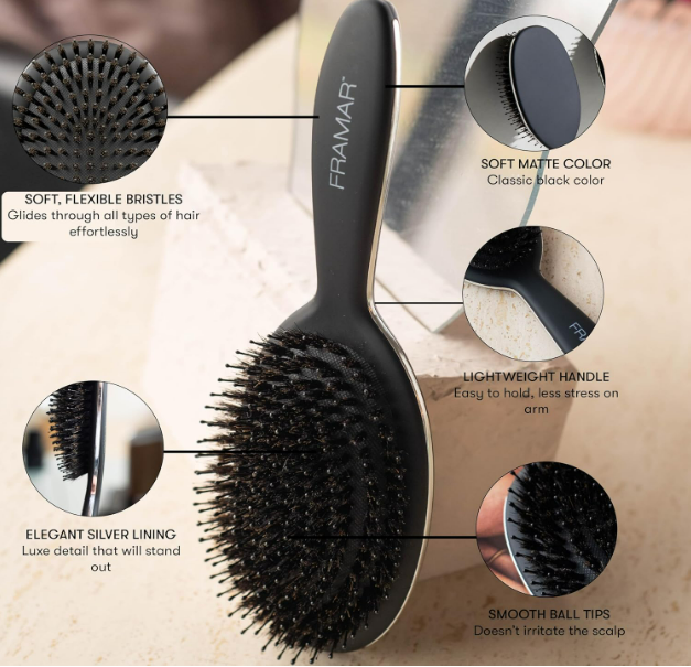 FRAMAR Soft Boar Bristle Hair Brush For Women – Boars Hair Brush For Women, Boar Brush For Fine Hair, Hairbrush For Fine Hair, Soft Bristle Brush For Slick Back, Volume and Shine - Black - Image 2