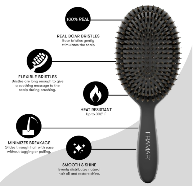 FRAMAR Soft Boar Bristle Hair Brush For Women – Boars Hair Brush For Women, Boar Brush For Fine Hair, Hairbrush For Fine Hair, Soft Bristle Brush For Slick Back, Volume and Shine - Black - Image 4