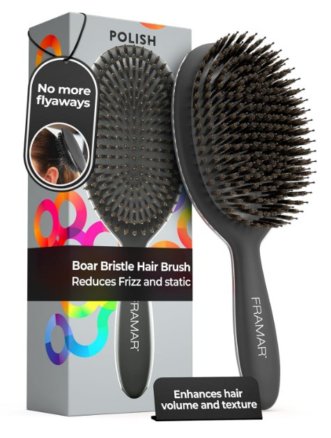 FRAMAR Soft Boar Bristle Hair Brush For Women – Boars Hair Brush For Women, Boar Brush For Fine Hair, Hairbrush For Fine Hair, Soft Bristle Brush For Slick Back, Volume and Shine - Black