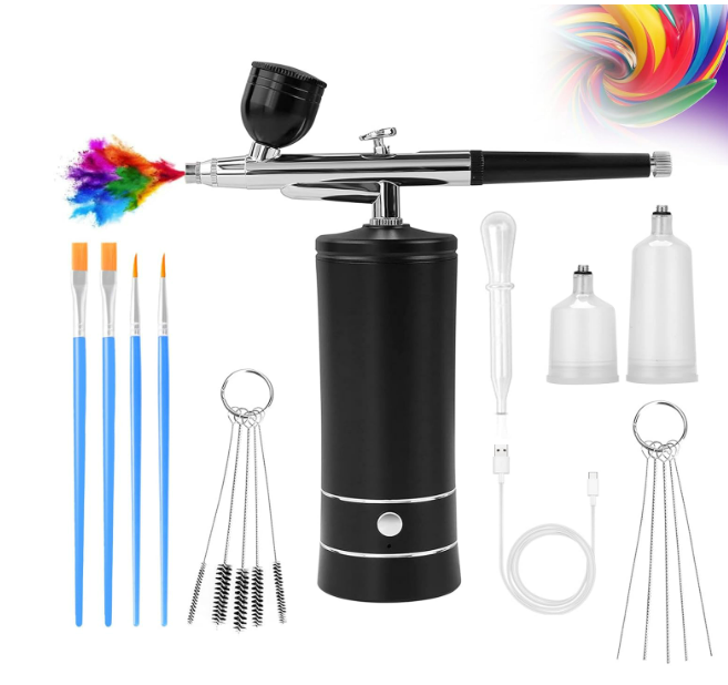 Airbrush Kit Air Brush Kit With Air Compressor Nail Charms Wireless Air Brush for Barber, Nail Art, Makeup, Model Painting (Black)