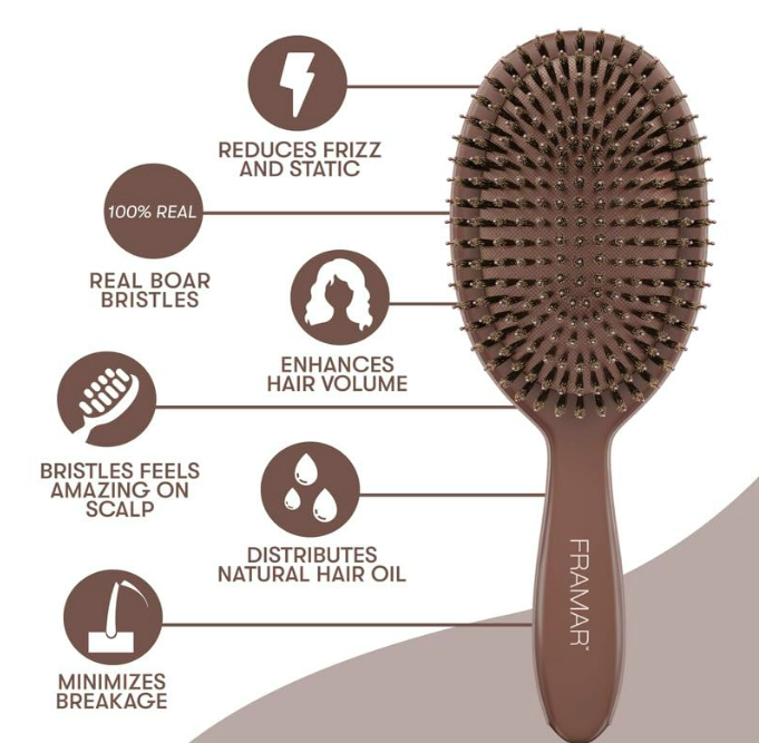 FRAMAR Soft Boar Bristle Hair Brush For Women – Boars Hair Brush For Women, Boar Brush For Fine Hair, Hairbrush For Fine Hair, Soft Bristle Brush For Slick Back, Volume and Shine - Chocolate - Image 4