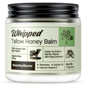 Beef Tallow Honey Balm for Skin: 100% Grass Fed Whipped Organic Moisturizer with Organic Raw Honey, Jojoba Oil, Vitamin E – Natural Face and Body Care for Mature, Dry or Sensitive Skin, 4oz