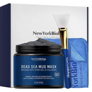 New York Biology Dead Sea Mud Mask for Face & Body | with Stem Cell and Collagen | Face Mask, Brush Applicator, Towel | Spa Quality Pore Refiner for Oily Skin | Natural Skincare for Women & Men | 4 oz