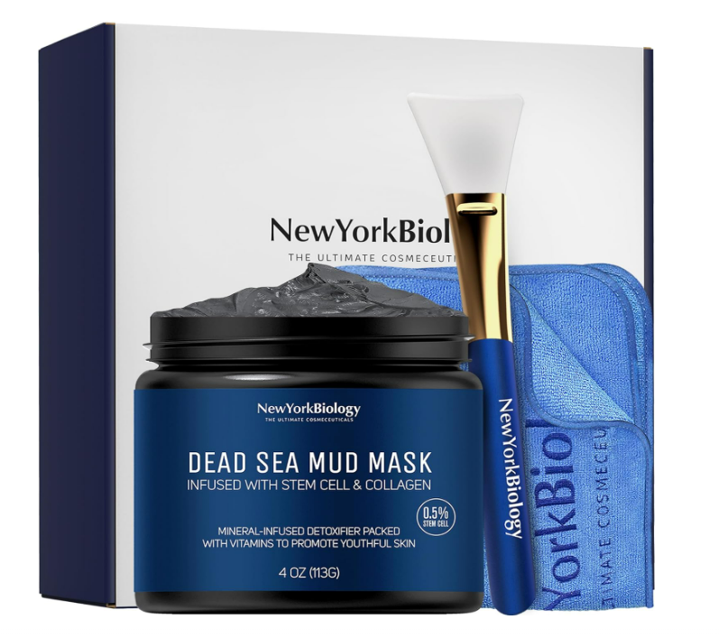 New York Biology Dead Sea Mud Mask for Face & Body | with Stem Cell and Collagen | Face Mask, Brush Applicator, Towel | Spa Quality Pore Refiner for Oily Skin | Natural Skincare for Women & Men | 4 oz