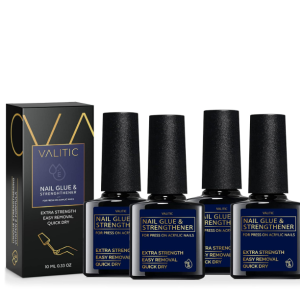 Valitic Strong Nail Glue and Strengthener for Acrylic and Press On Nails - Quick Dry Brush On Gel for Long Lasting Effect - Adhesive Nail Bond for False Nails with Tips Strengthener - 4 Pack