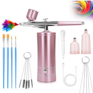 Airbrush Kit Air Brush Kit With Air Compressor Nail Charms Wireless Air Brush for Barber, Nail Art,Makeup, Model Painting (Pink)