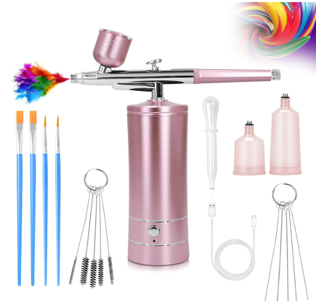 Airbrush Kit Air Brush Kit With Air Compressor Nail Charms Wireless Air Brush for Barber, Nail Art,Makeup, Model Painting (Pink)