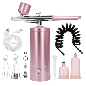 Airbrush Kit Air Brush Kit With Air Compressor Nail Charms Wireless Air Brush for Barber, Nail Art, Makeup, Model Painting (Pink - with extension tube)