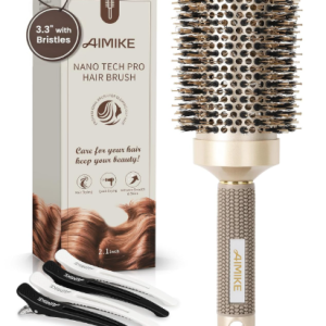 AIMIKE Round Hair Brush, Nano Thermal Ceramic & Ionic Tech, 2.1 Inch Barrel with Boar Bristles for Enhanced Texture, Golden, Hair Drying, Styling, Curling and Shine + 4 Free Clips