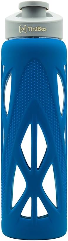Borosilicate Glass Water Bottle with Silicone Sleeve as seen on Shark Tank perfect for Office, Home, Fridge, Gym, Travel BPA Free Power Blue 750ml Visit the TintBox Store