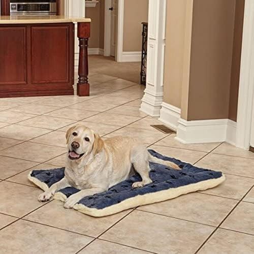 MidWest Homes for Pets QuietTime Reversible Paw Print Pet Bed, Soft Faux Fur & Fleece 48-Inch Crate Mat for Extra-Large Dogs, Machine Washable, Blue and Cream - Image 3