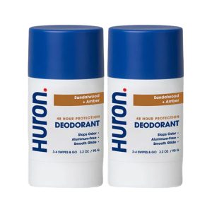 Huron Aluminum-Free Deodorant: Sandalwood + Amber, 2-pack (3.2 oz sticks) | Stops odor for 48 hours straight. Shea Butter, Jojoba + Coconut Oil soothe + protect sensitive skin. No parabens, sulfates.