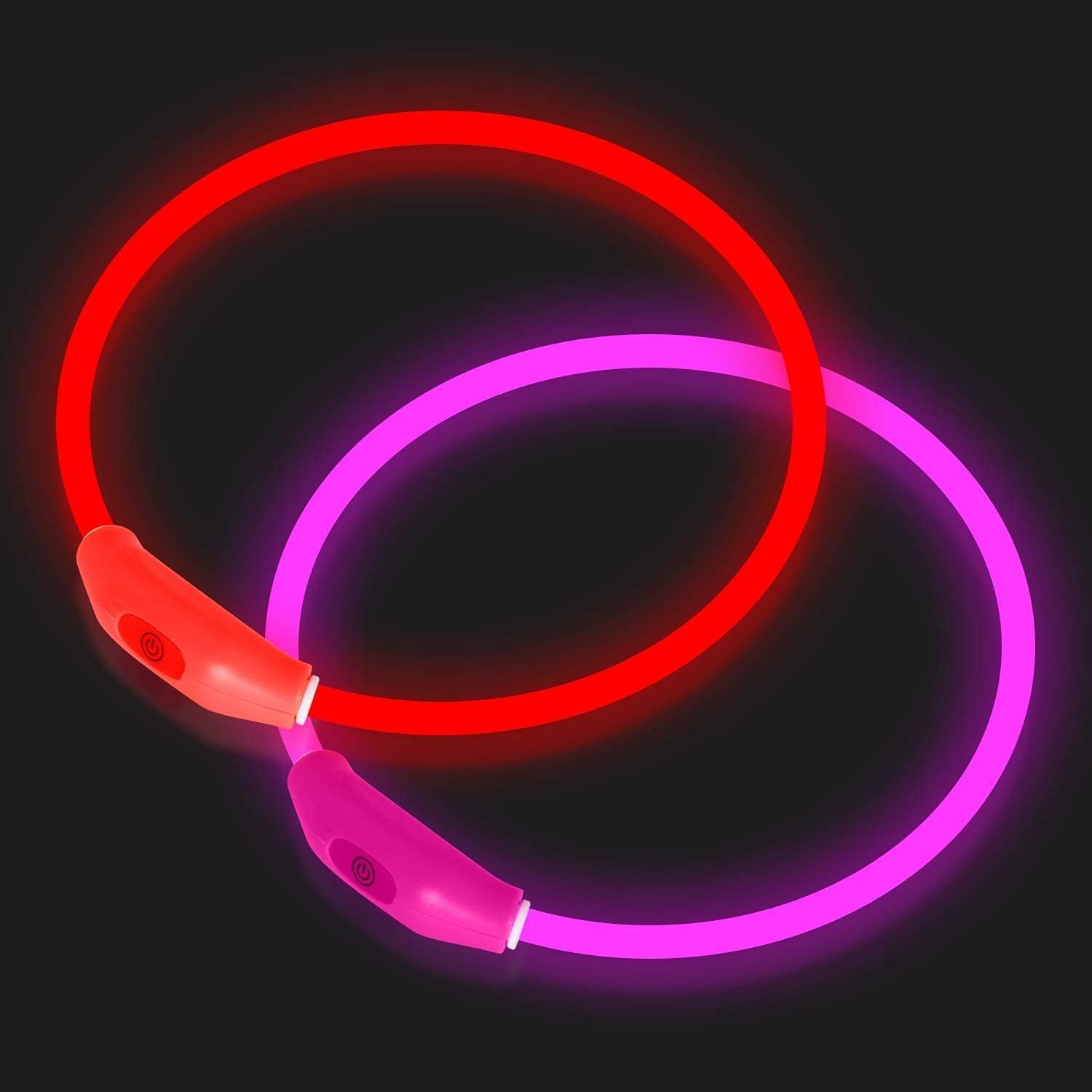 Novkin 2-Pack LED Dog Collar, Light Up Dog Collars,Rechargeable Dog Lights for Night Walking,Universal, Reusable Safety Necklace for Small Medium Large Dogs RED&Pink