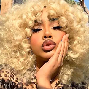 Curly Wig with Bangs Blonde Wigs for Women Short Bob Wigs Loose Synthetic Hair (#613 Blonde)