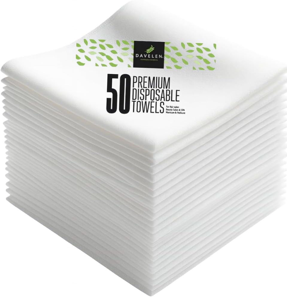 DAVELEN Disposable Large Luxury Towels (50-Count) Spa and Salon Quality Softness for Guests, Clients | Hair, Face, Body Use | Luxurious Comfort, Ecofriendly (050, 32x16 inches)