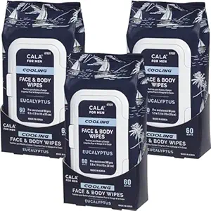 CALA Men's Cooling Face & Body Wipes: Eucalyptus (60 Sheets) - Refreshing, Hydrating Wipes for a Clean, Soothed Complexion, Ideal for Active Men (180 count, Pack of 3)