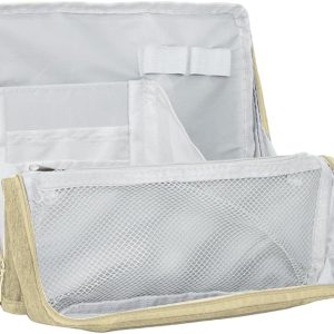 standing Makeup Bag, Compact Yet Spacious Cosmetic Organizer, Waterproof Toiletry Bag with Divider, Brush Holder, Upright Design & Phone/Mirror Holder, Portable Travel Case,Beige