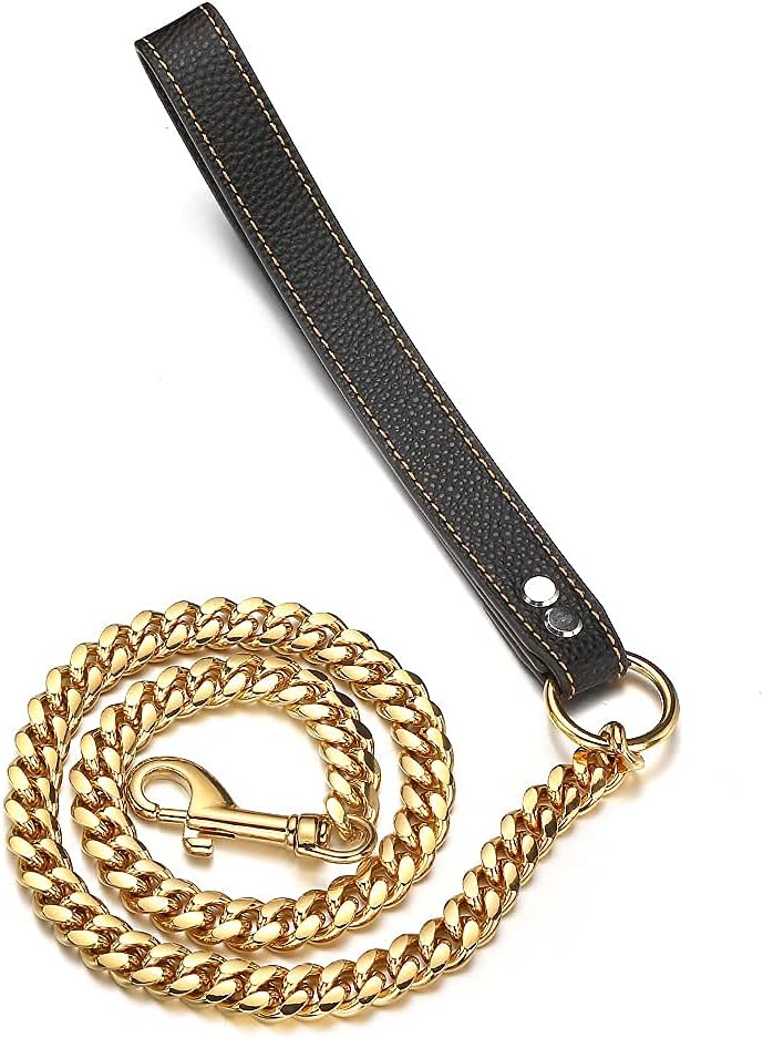 3FT/4FT/5FT Heavy Duty Gold Dog Chain Leash 14MM Stainless Steel Miami Cuban Link Chain with Durable Genuine Leather Handle for Training Walking(14mm,4ft)… - Image 3