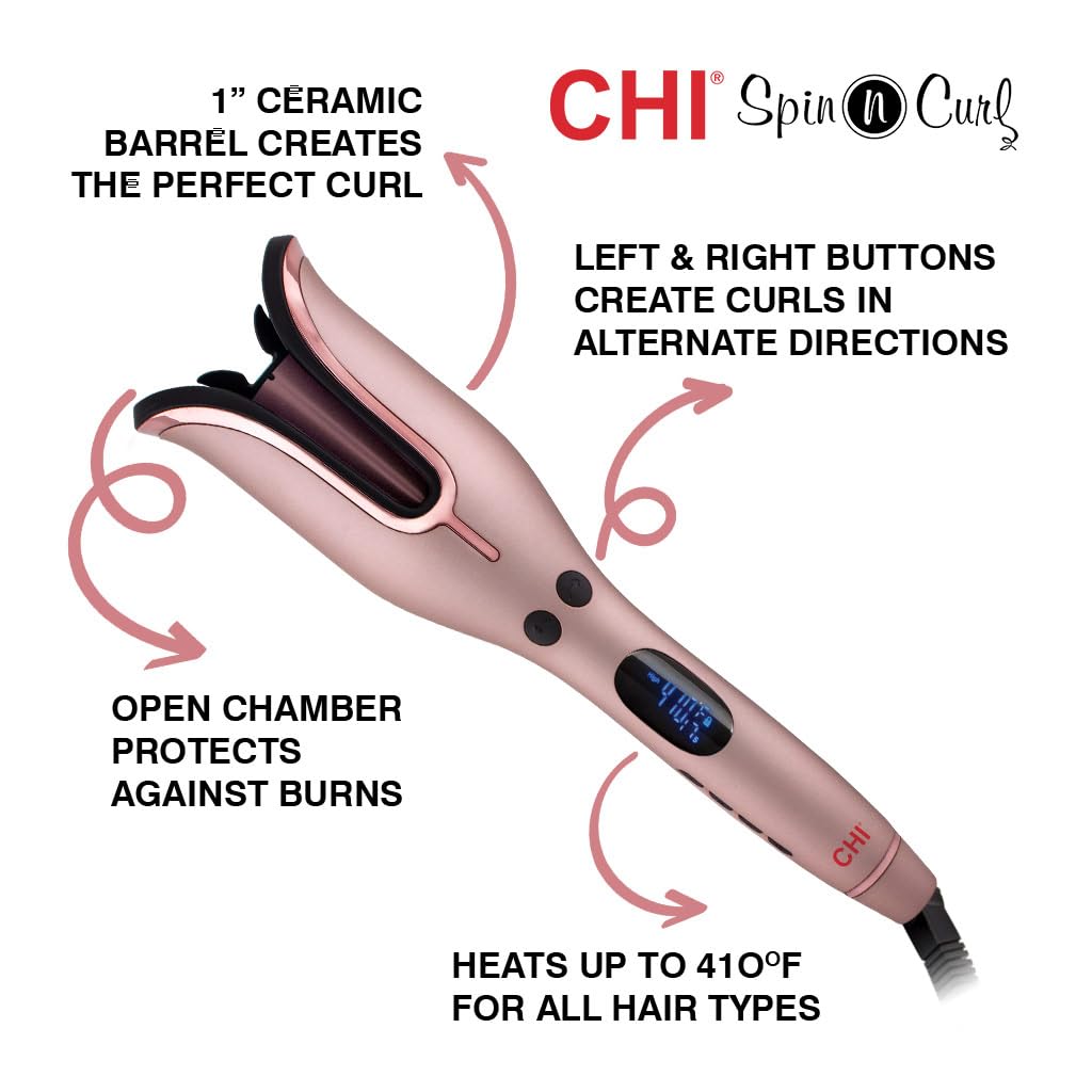 CHI Spin N Curl 1″ Ceramic Rotating Curling Iron, Adjustable Preset Heat Settings for All Hair Types, Salon-Quality Curls & Waves, Auto Shut-Off, Tangle Protection, Rose Gold - Image 3