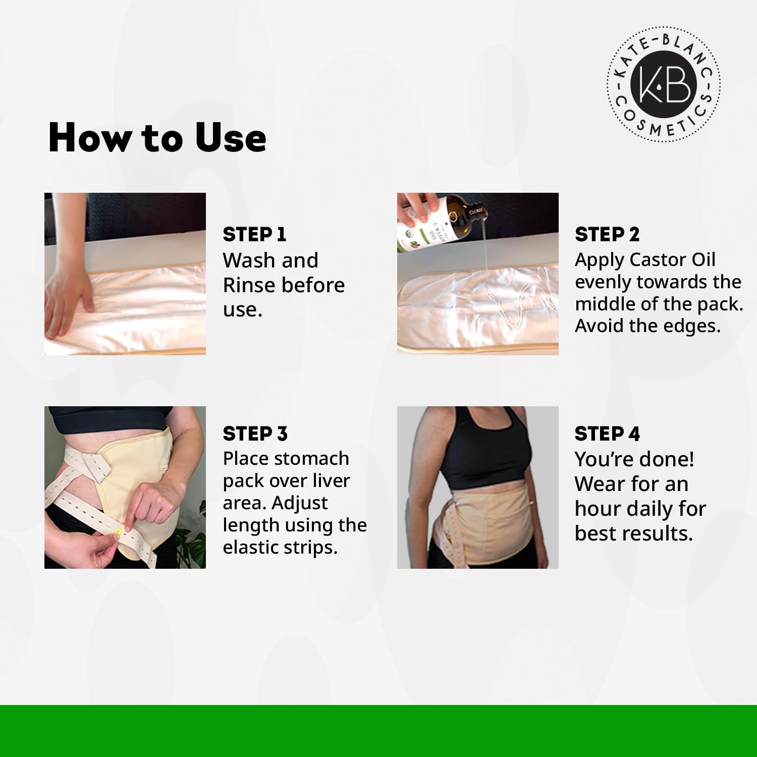 Kate Blanc Cosmetics Castor Oil Pack Wrap for Stomach & Belly (16oz Glass Bottle) Moisturize Body & Skin. Reusable, Adjustable, Comfortable Fit.
