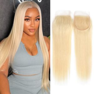 613 Closure Straight 4x4 Transparent HD Lace Closure Blonde Closure 12A Brazilian Virgin Remy Human Hair Extension 100% Russian Blonde Human Hair for Women Free Part Pre Plucked 10 Inch