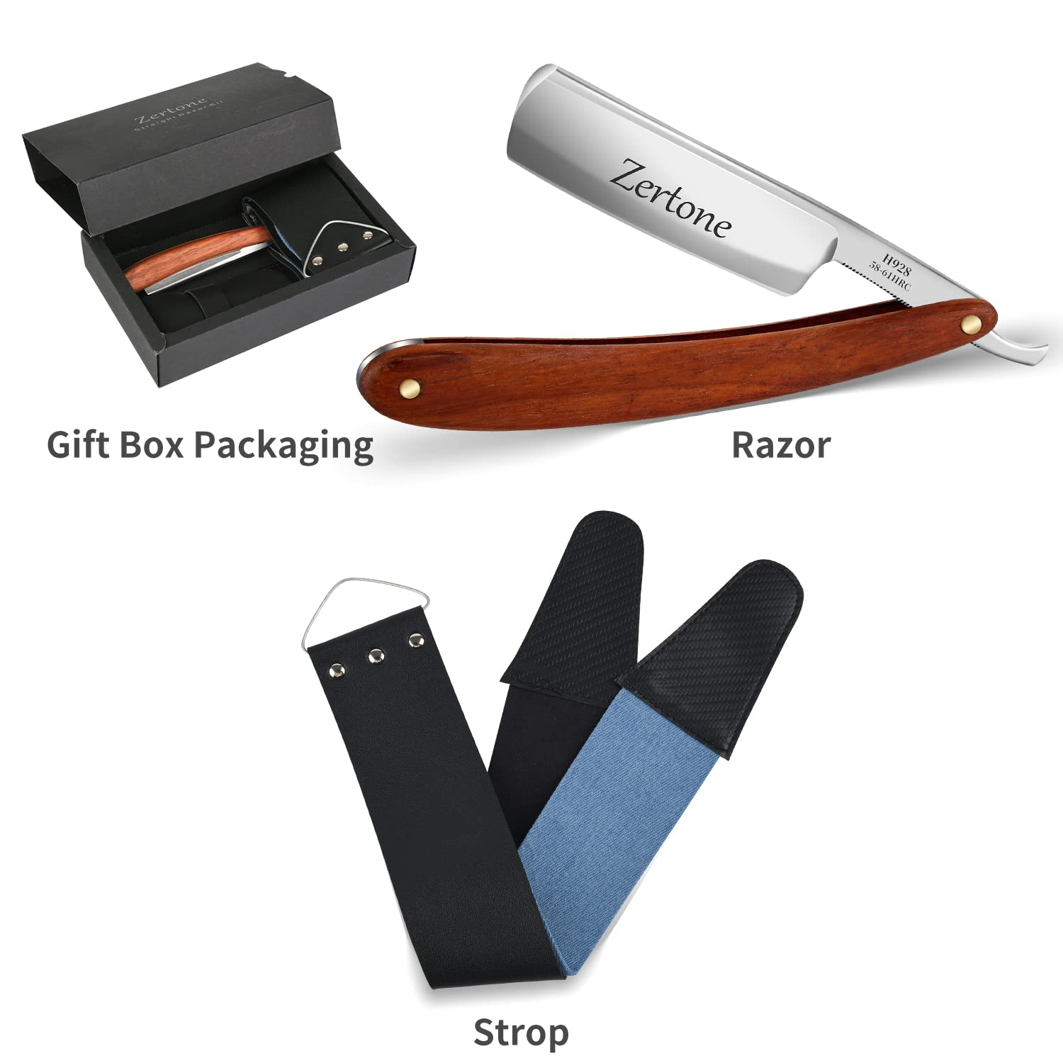 Zertone Straight Razors for Men Kit with Strop - Straight Edge Razor Natural Wood Scale – Sharp, High Hardness Carbon Steel Cutthroat Straight Razor Shaving Kit, Vintage Wood Handle, Barber Razor - Image 3