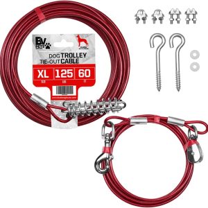 BV 60ft Aerial Pet Trolley System with 10ft Pulley Lead - Heavy Duty Dog Tie Out for Yard up to 125 lbs, Reflective Run Cable (Not a Leash, Bare End)