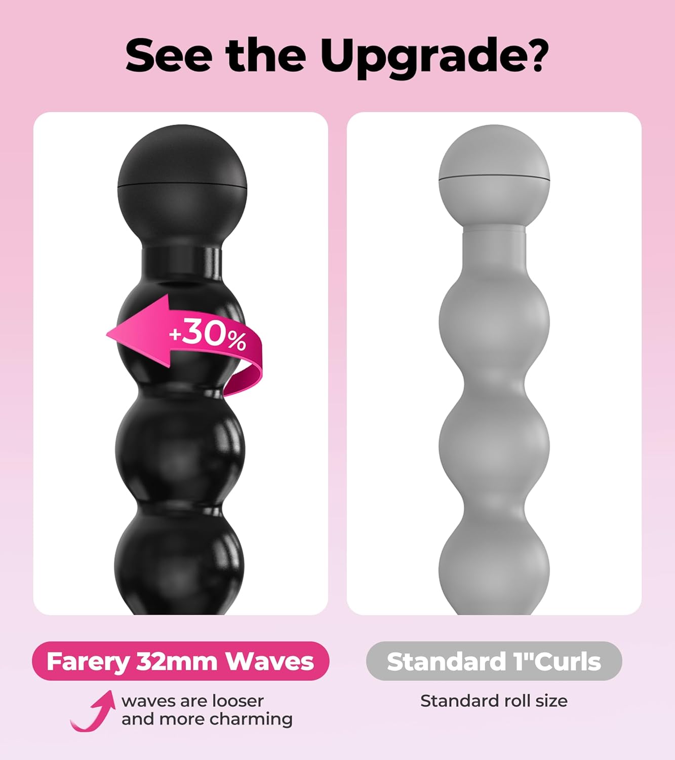 Farery Bubble Curling Wand for Long Hair - 32mm Ceramic Coated Springless Barrel for Defined Spiral Curls & Waves, Smooth Shine, Includes Heat Resistant Glove, 5 Temp Settings, Dual Voltage - Image 2