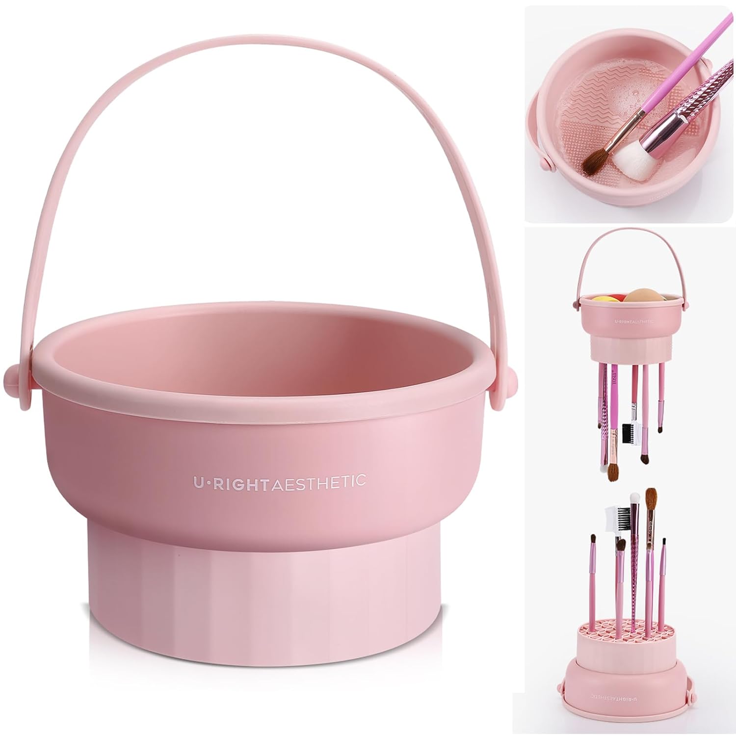 GOLIKEE Makeup Brush Cleaner Mat 3 in 1 Silicone Makeup Brush Cleaner Bowl Cosmetic Brushes Cleaning Tool Organizer for Storage and Air Drying (Pink) - Image 2