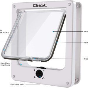 CEESC Medium Cat Door for Interior/Exterior Door, Weatherproof, White, Rotary 4 Way Locking Pet Door for Cats & Dogs with Circumference < 15.75", Upgraded Version