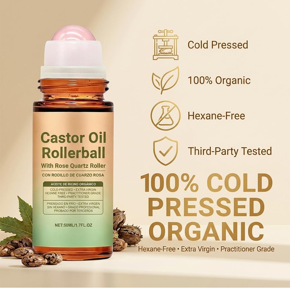 Castor Oil Rose Quartz Roller: 100% Cold Pressed Moisturizing Oil - Organic Castor Oil rose Quartz Roller Ball for Face and Body, Hair, Eyebrows, Moisturize Skin (3)