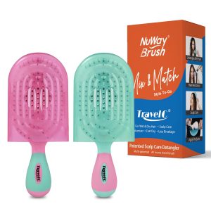 NuWay® TravelC® Detangling Hair Brush Set (2 Brushes) – Mix-n-Match Travel Case Colors, Patented Curved Vented Design with Protective Case for Wet or Dry Hair (Pink & Teal)
